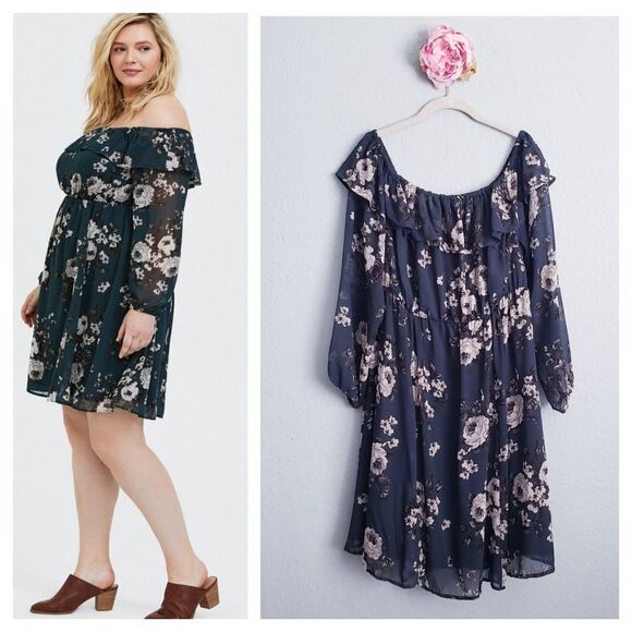 Torrid Forest Green Floral Off The Shoulder Mini Dress - Picture 1 of 9